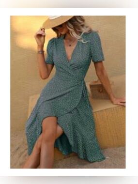 Floral Wrap Midi Dress in Gray with Pink Accents